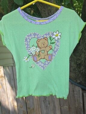 Basic Editions Mint Green Teddy Heart Tee with Lavender Trim Vintage